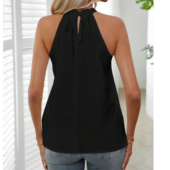 Solid Frill Tie Back Sleeveless Halter Tank Top - Picture 2 of 7